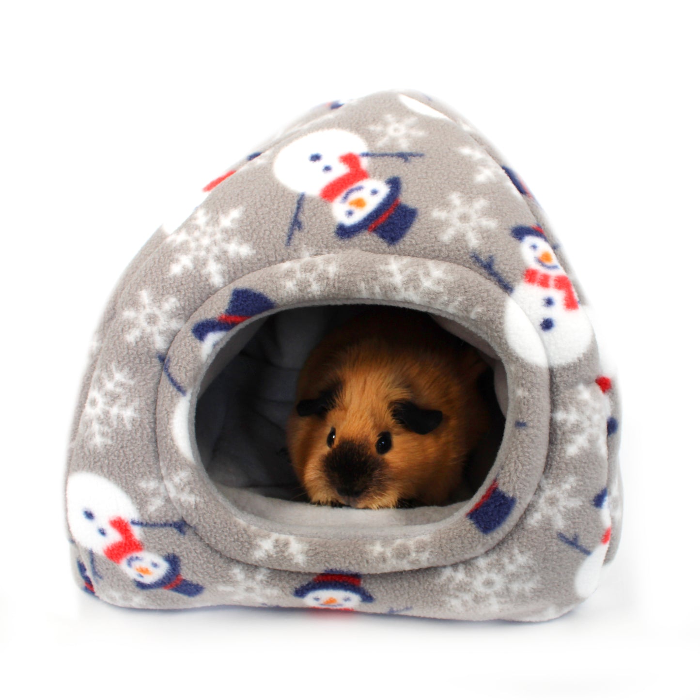 Pet bed with snowman pattern featuring a small guinea pig inside on a white background