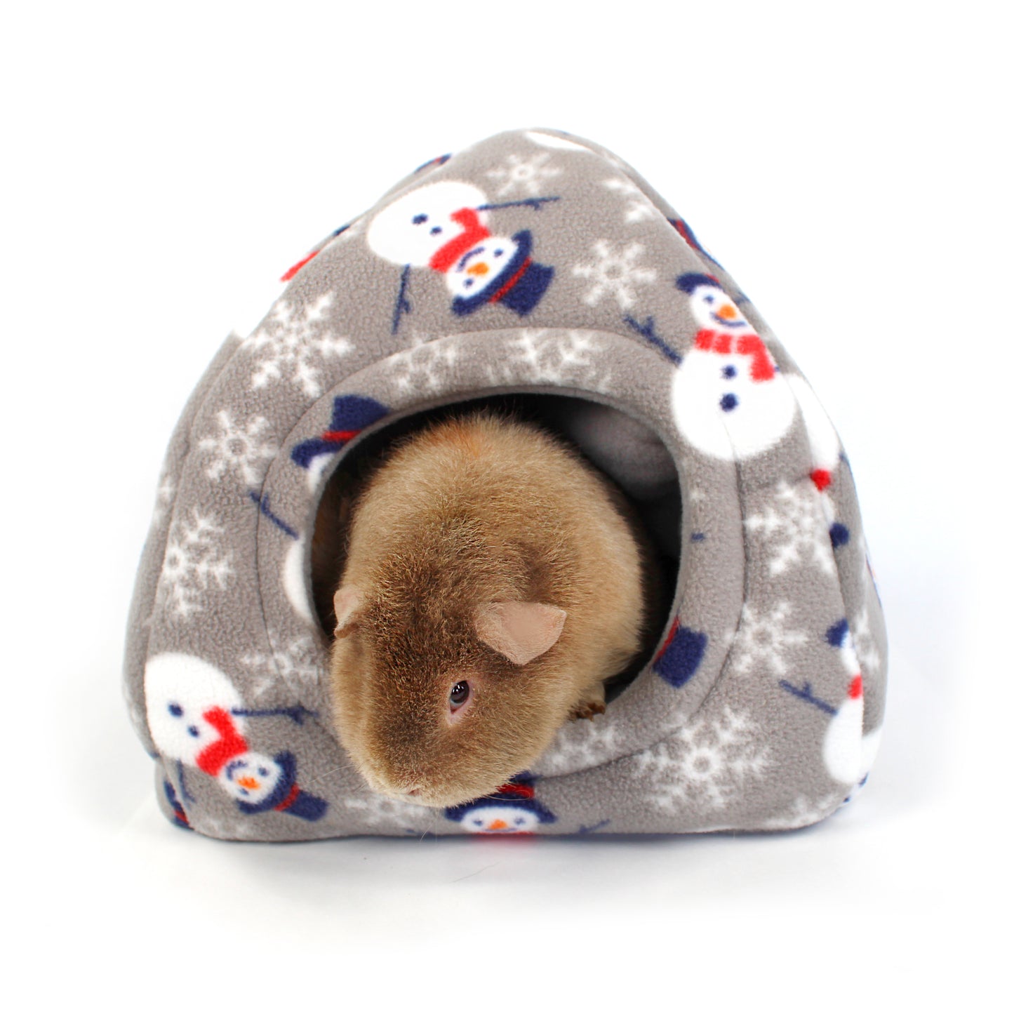 Small animal peeking out from a gray pet house with snowman pattern on a white background