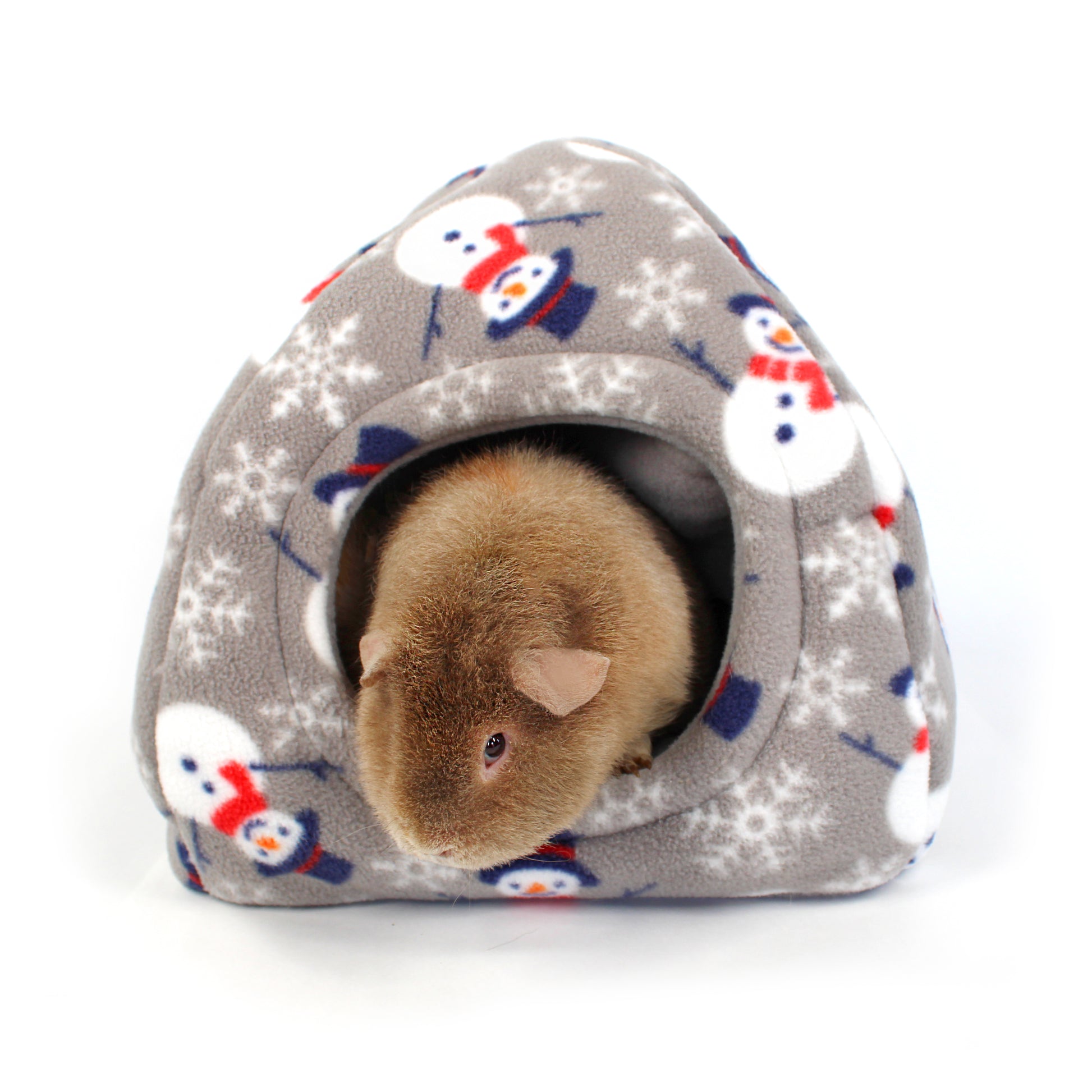 Small animal peeking out from a gray pet house with snowman pattern on a white background