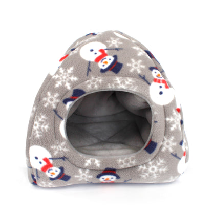 Pet bed with snowman pattern on a gray background