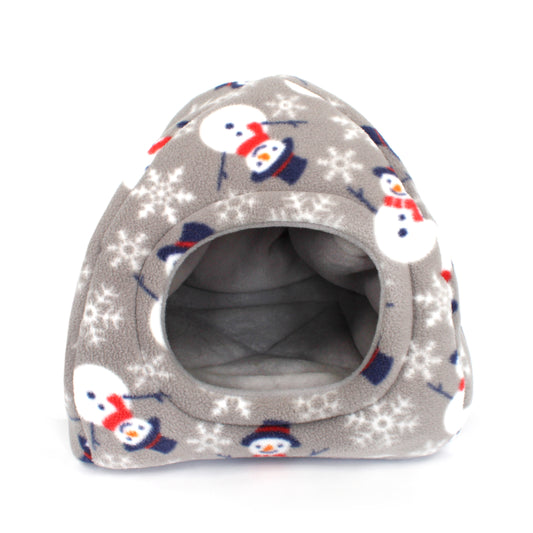 Grey Snowman Hidey House for guinea pigs with festive snowman fleece design