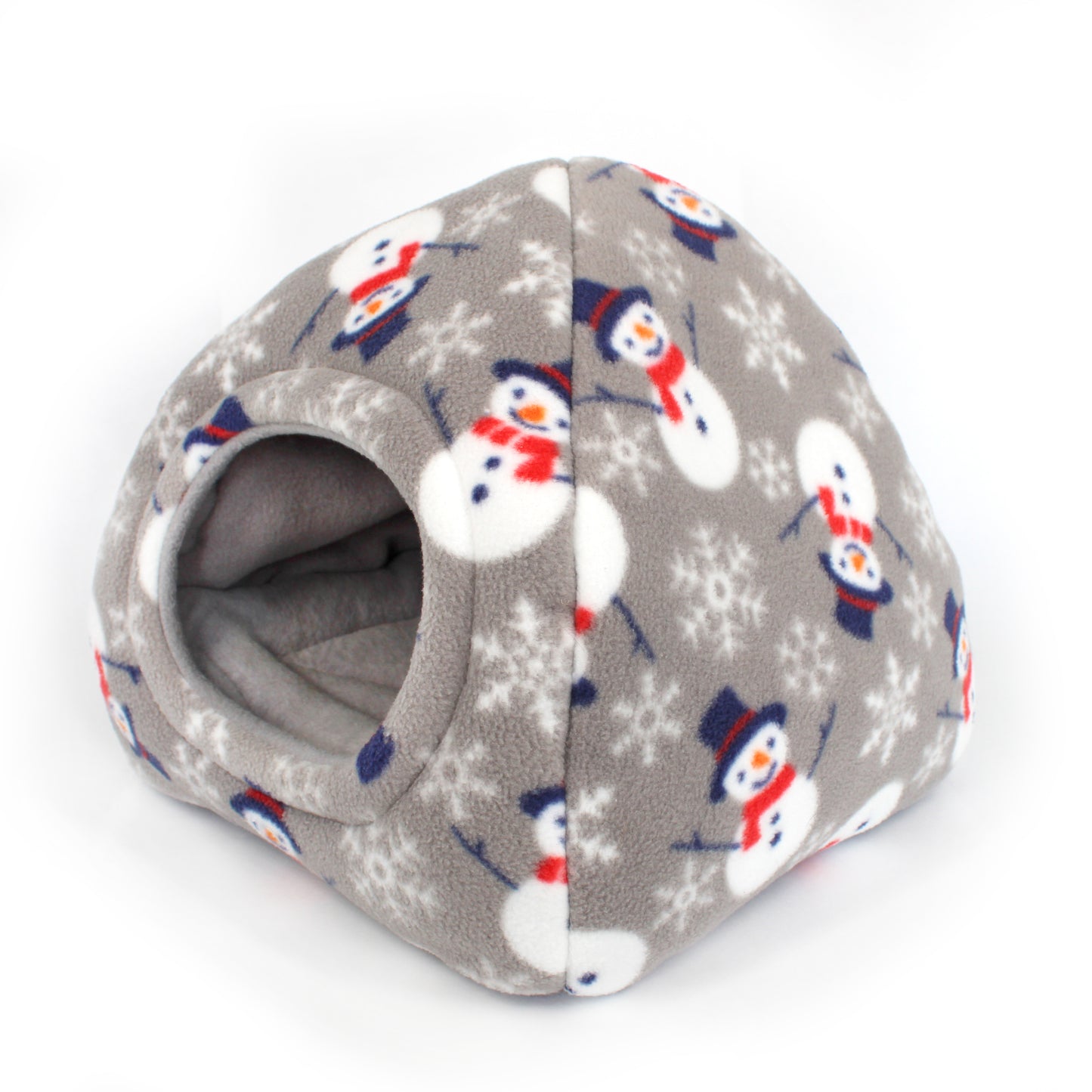Pet bed with snowman pattern on a gray background