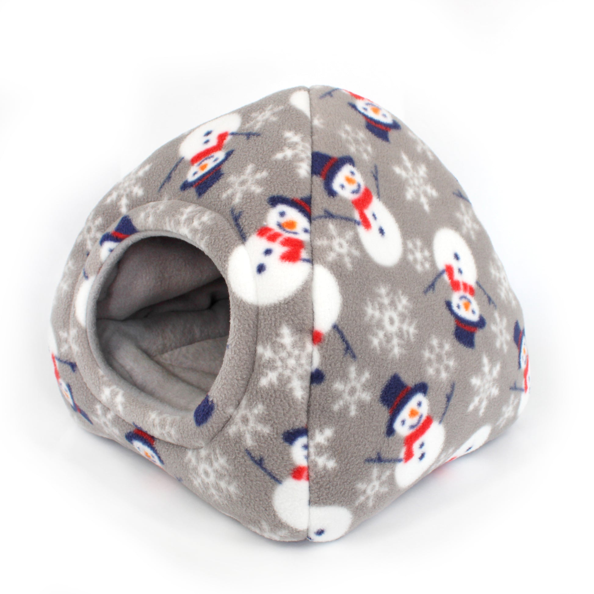 Pet bed with snowman pattern on a gray background