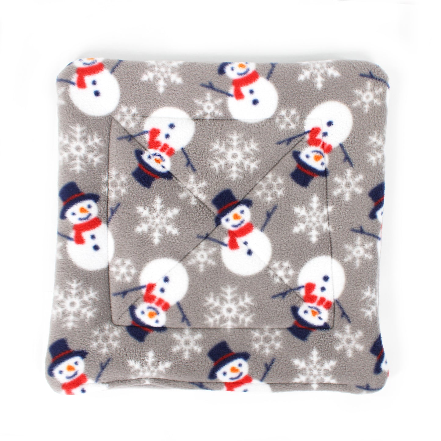 Plush blanket with snowman pattern on a gray background