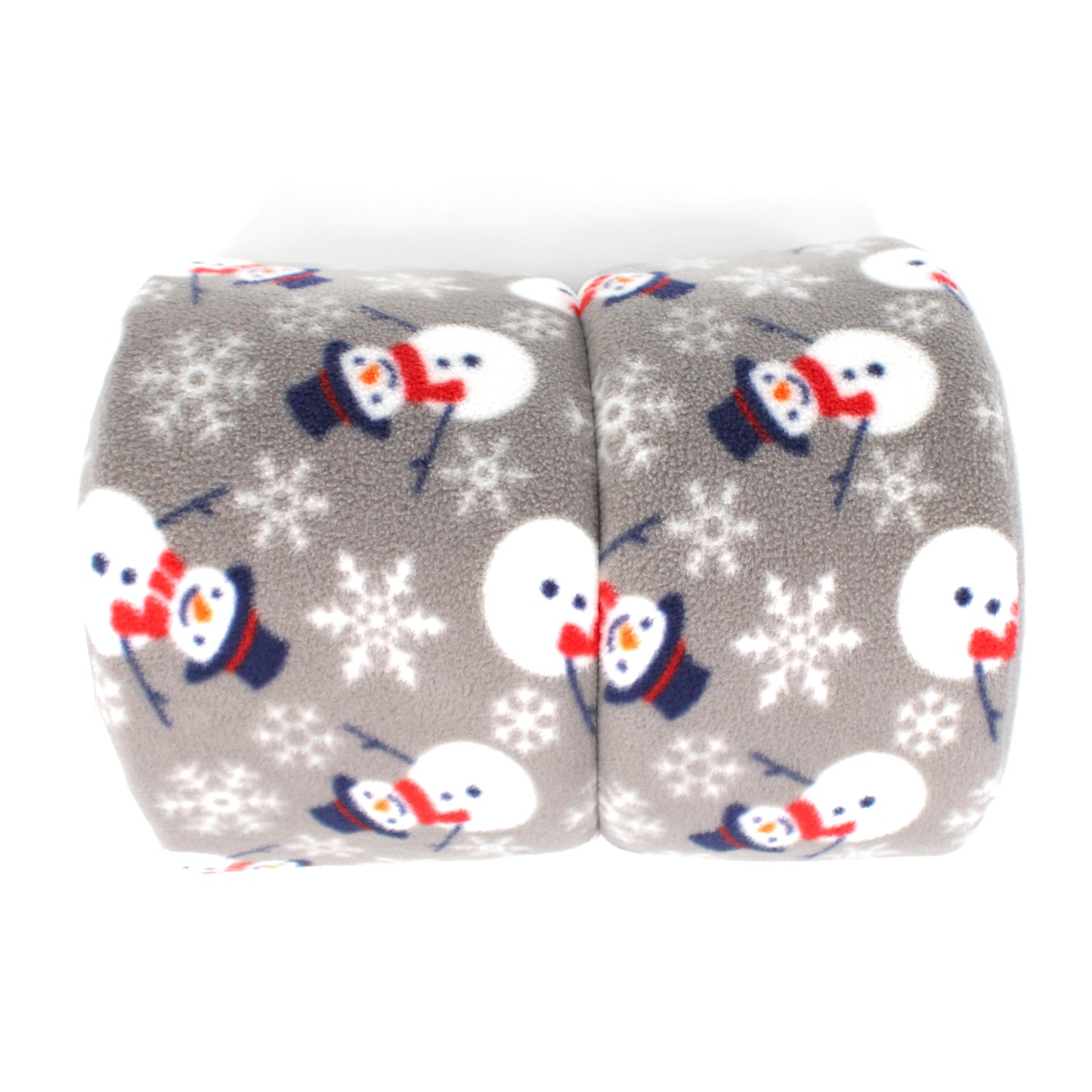Two gray fabric rolls with snowman and snowflake pattern on a white background