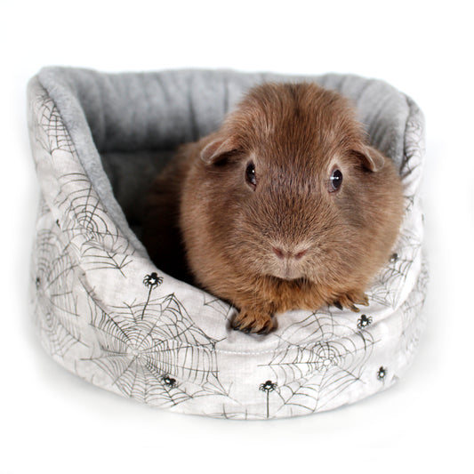 Halloween Spider Cuddle Cup Bed, front side view of the guinea pig bed with a happy guinea pig modelling 