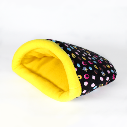 Liquorice Allsorts Cuddle Sack, front view of the cudle sack for guinea pigs showing the opening staying open