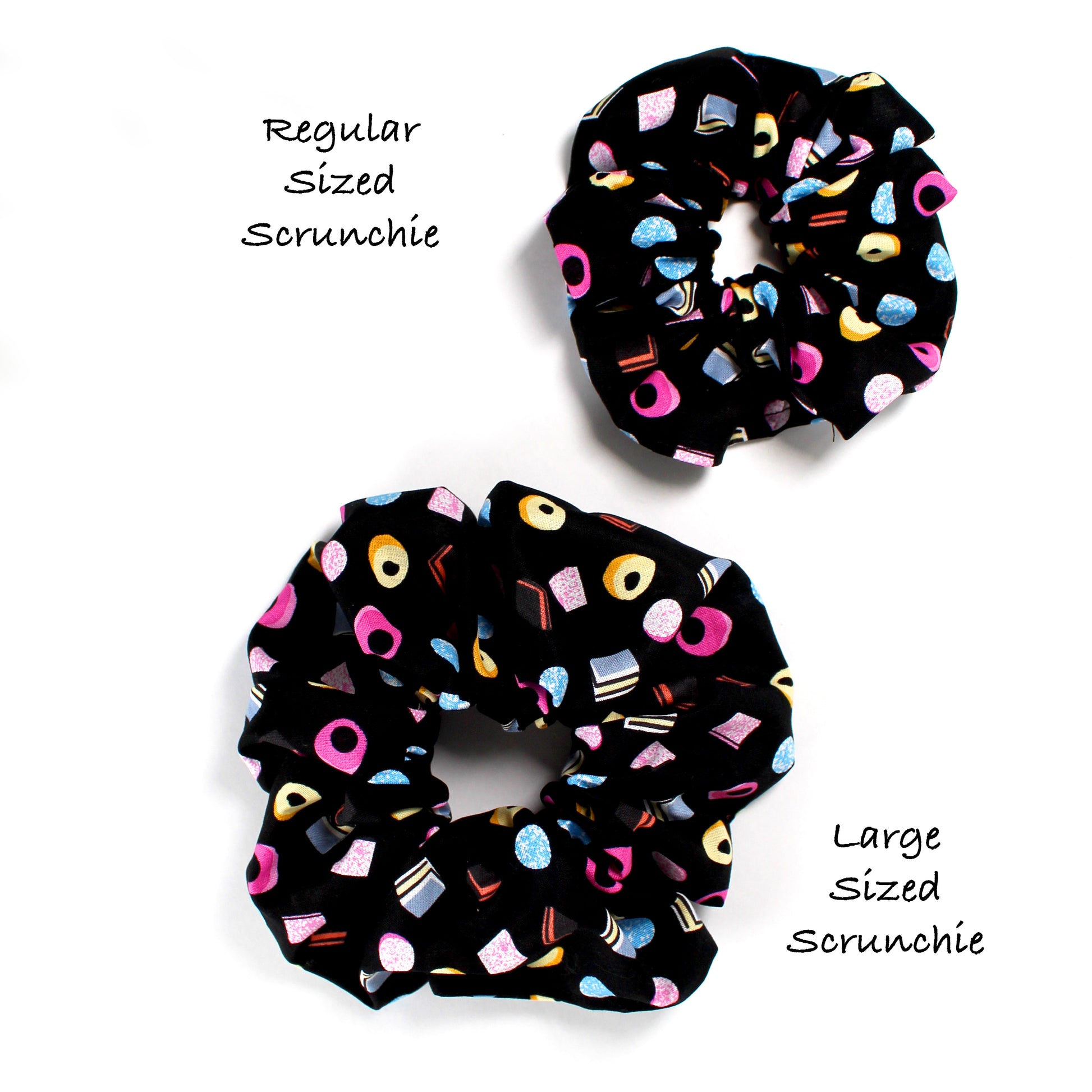 Liquorice Allsorts Hair Scrunchies, view showing the 2 sizes available 