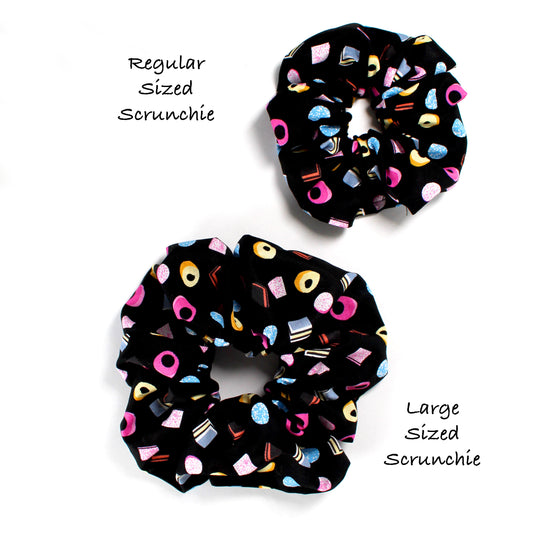 Liquorice Allsorts Hair Scrunchies, view showing the 2 sizes available 