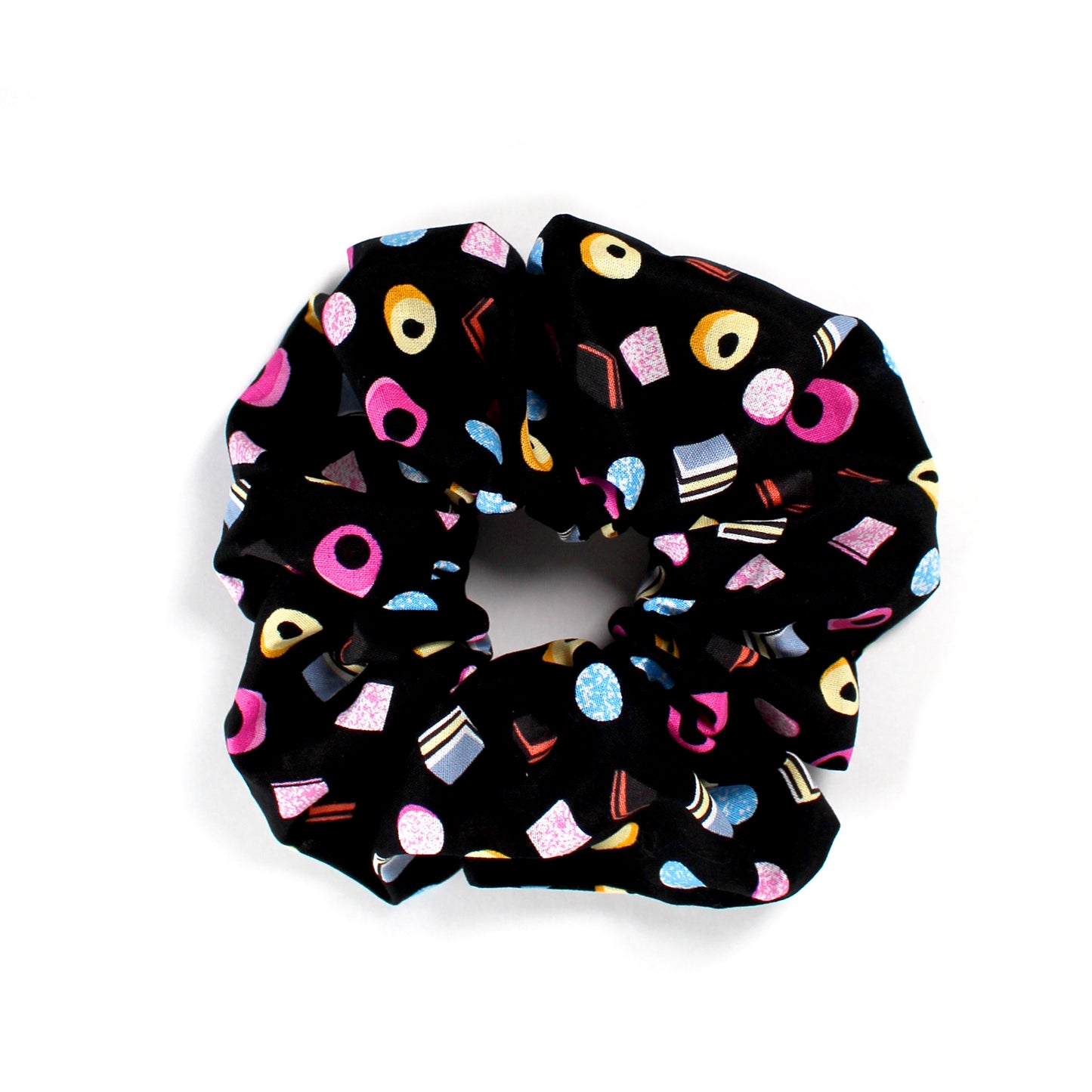 Liquorice Allsorts Hair Scrunchies, close up of the large hair scrunchie 