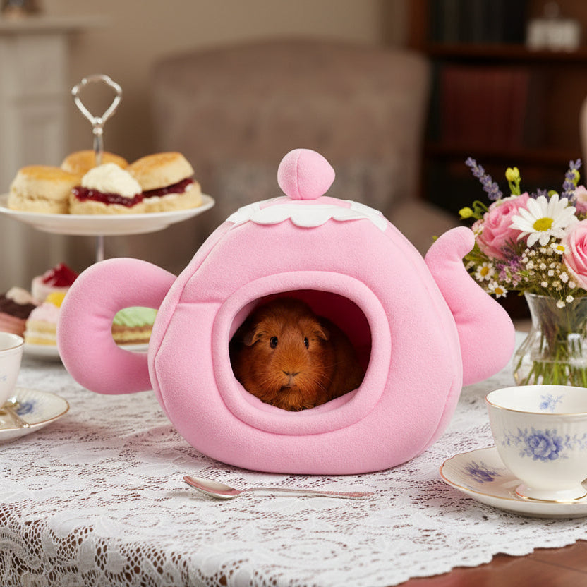 Pink Tea Pot Guinea Pig Bed with White Frill