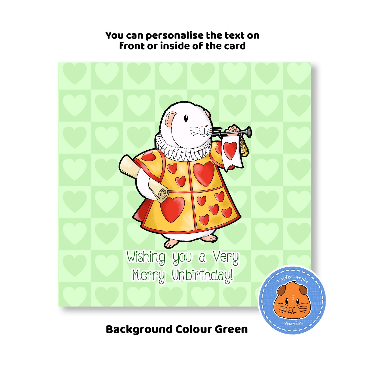 Guinea Pig Blowing a Trumpet Birthday Card, green back ground of the personalised card