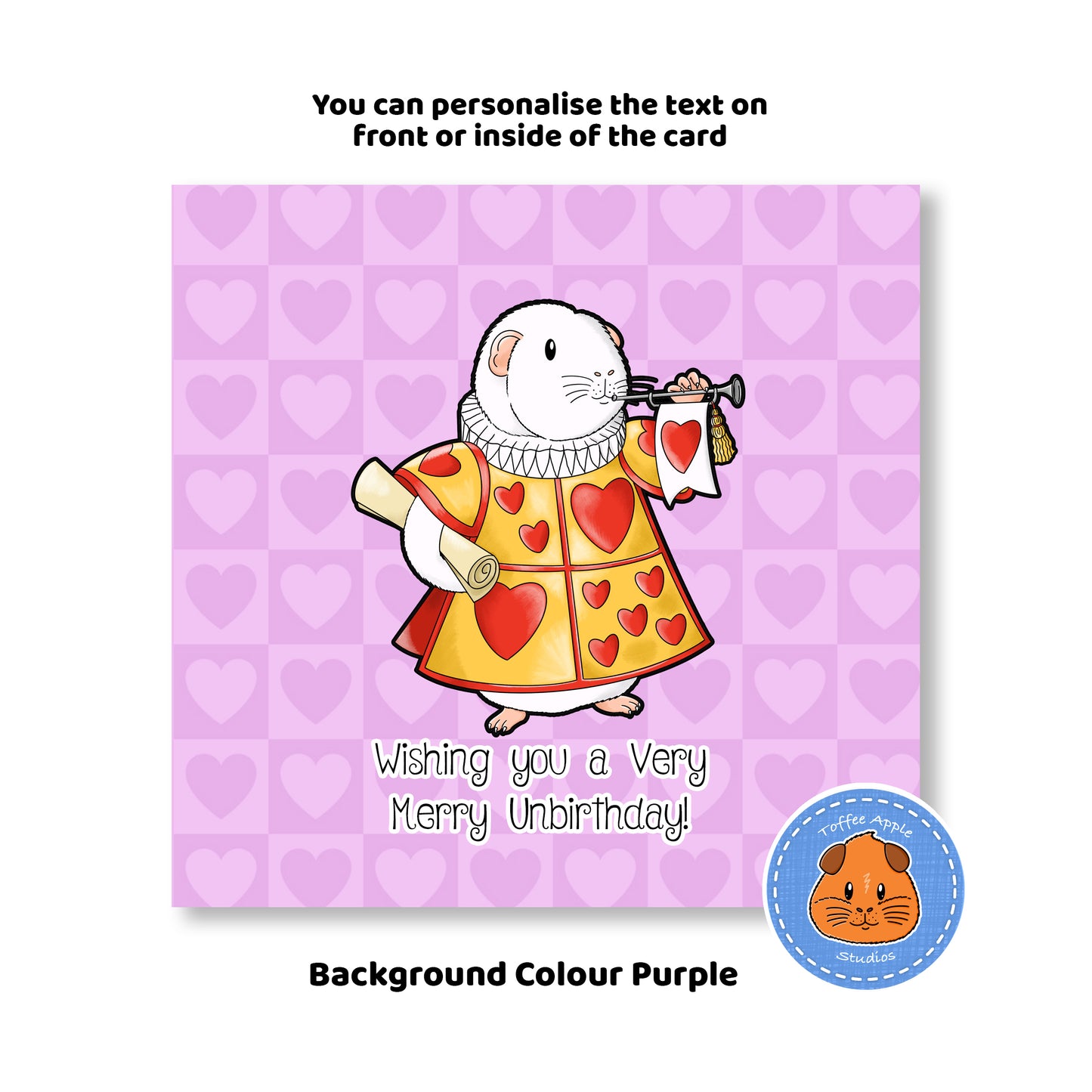 Guinea Pig Blowing a Trumpet Birthday Card, purple background