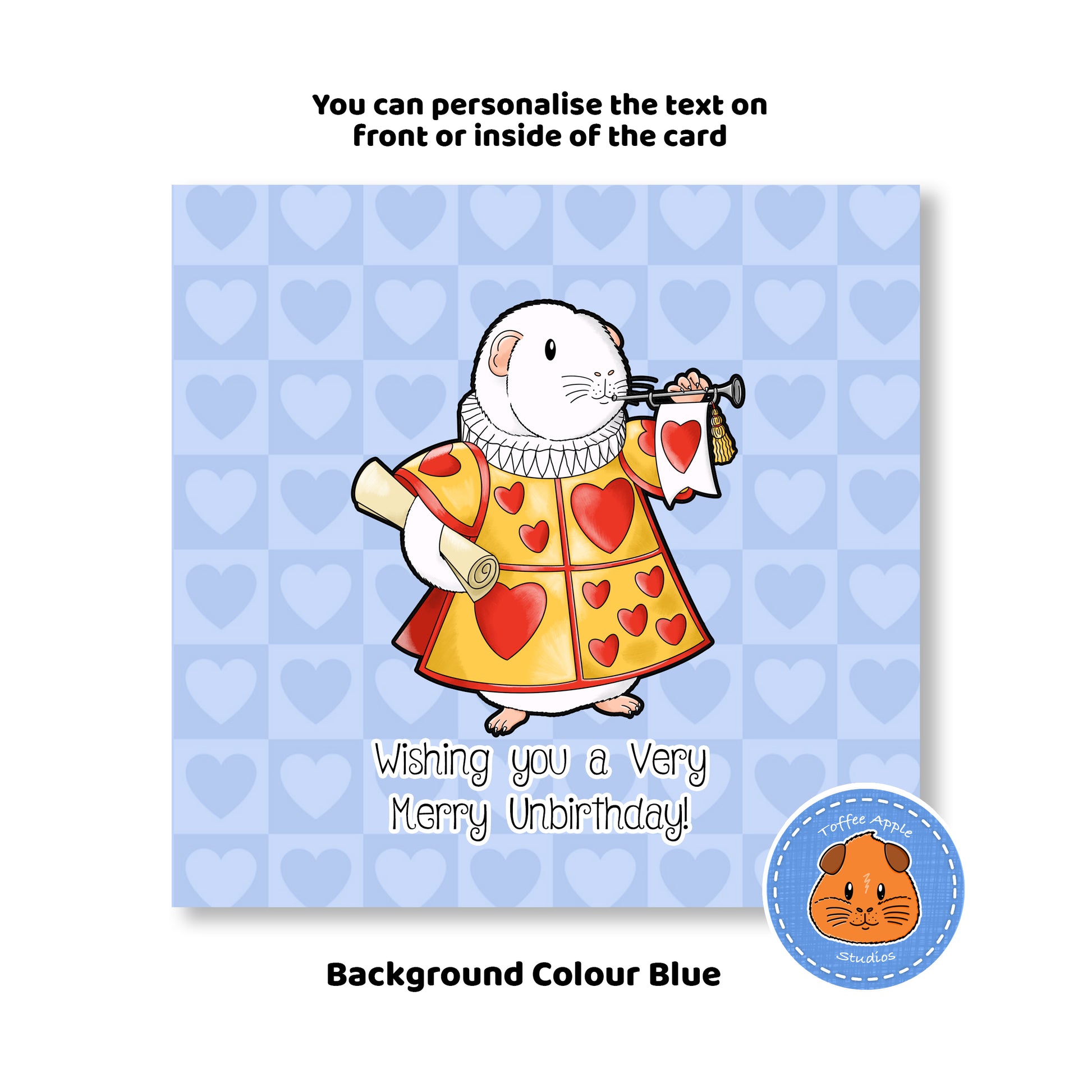 Guinea Pig Blowing a Trumpet Birthday Card, blue background 