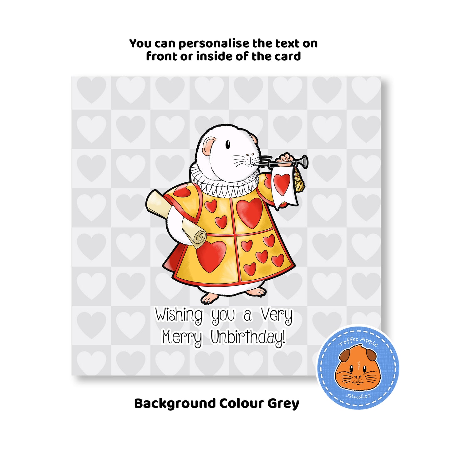 Guinea Pig Blowing a Trumpet Birthday Card, grey background of the birthday card