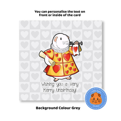 Guinea Pig Blowing a Trumpet Birthday Card, grey background of the birthday card