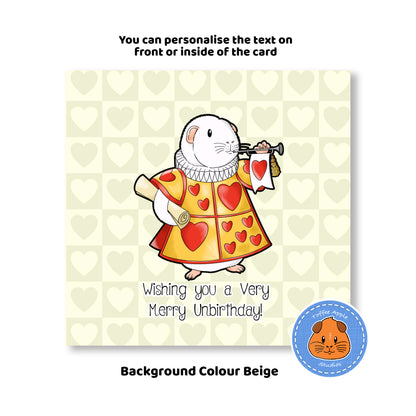 Guinea Pig Blowing a Trumpet Birthday Card, beige colour background of the card