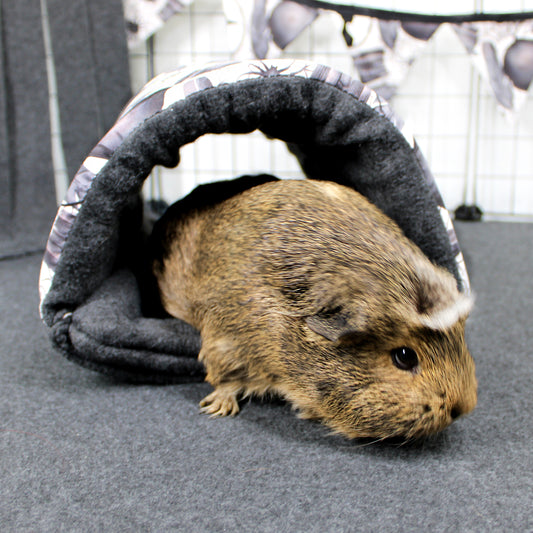 Guinea pig peeking out from a gray pet cave on a carpeted floor.