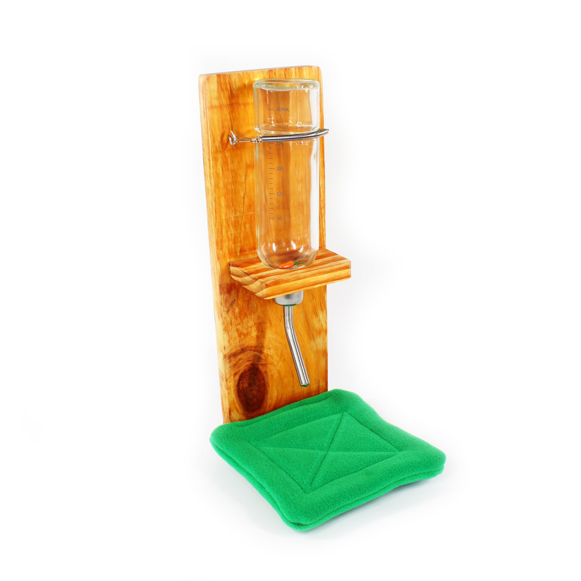 Wooden water bottle holder with a green drip pad on a white background
