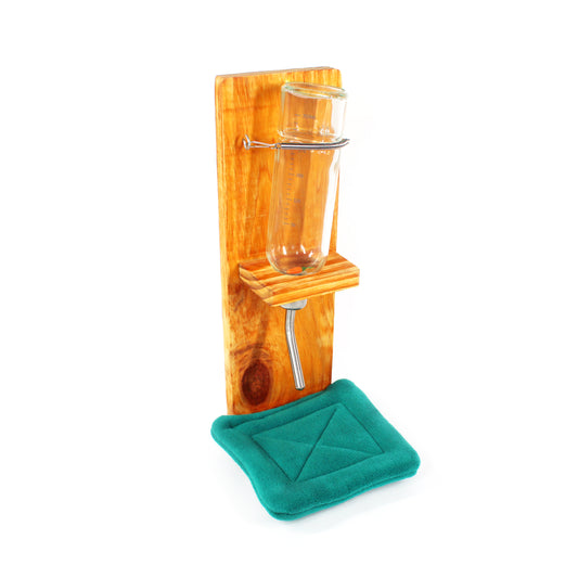 Wooden water bottle holder with glass water bottle on a white background