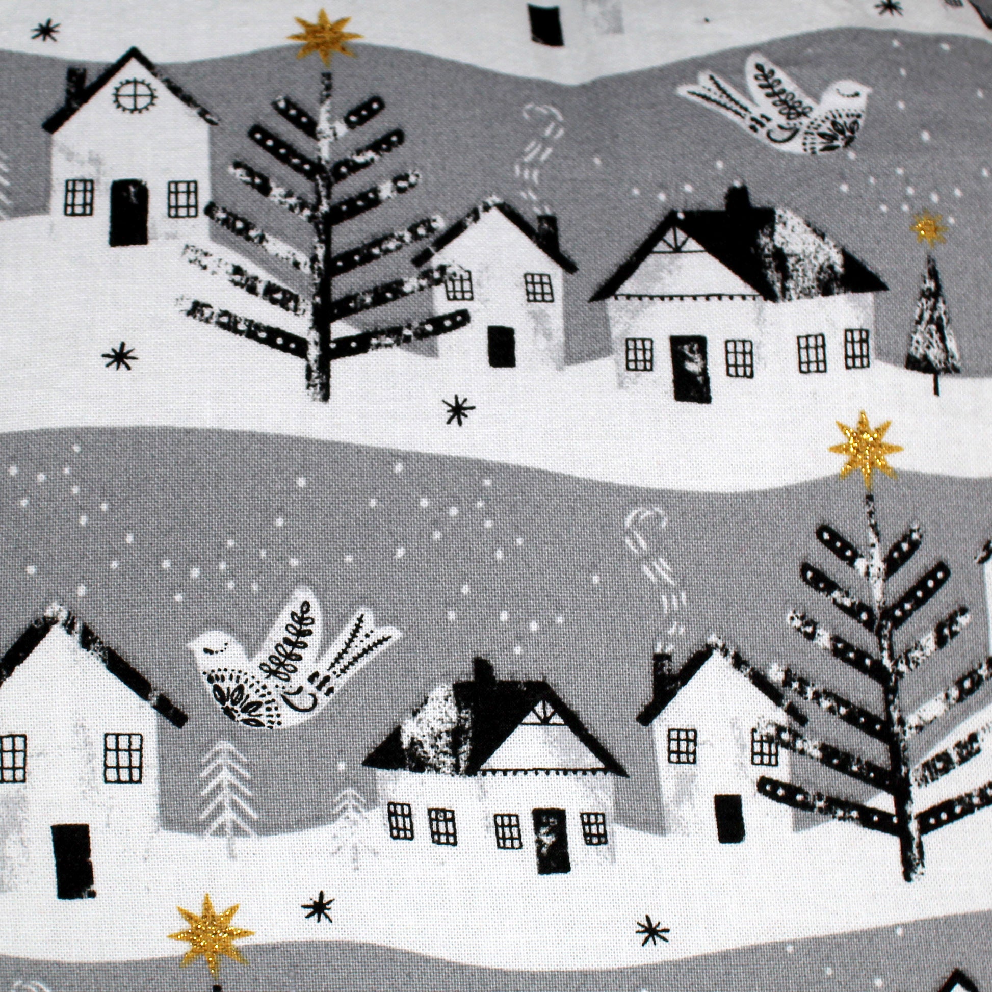 Grey Winter Village Guinea Pig Hidey House, close up of the winter village scene pattern
