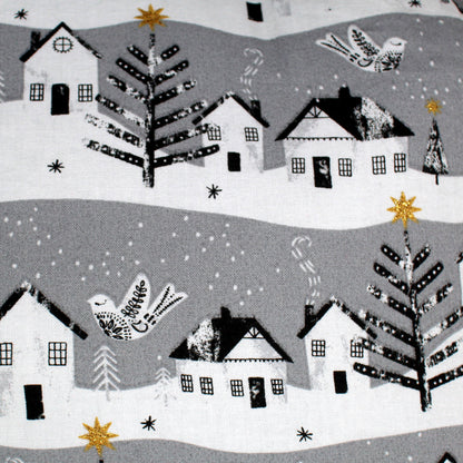Grey Winter Village Guinea Pig Hidey House, close up of the winter village scene pattern
