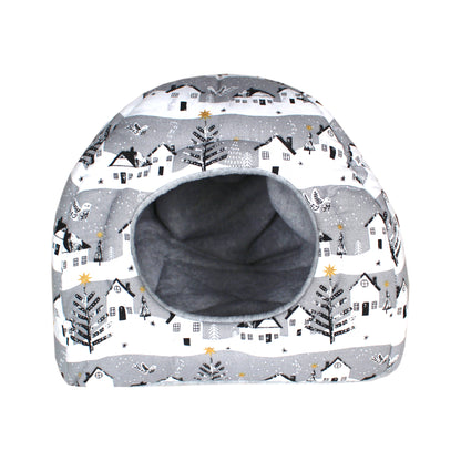 Grey Winter Village Guinea Pig Hidey House, front view of the hidey hut empty