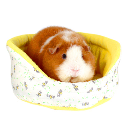 Yellow Bee Guinea Pig Accessory Set, front view of the cuddle cup with happy guinea pig inside
